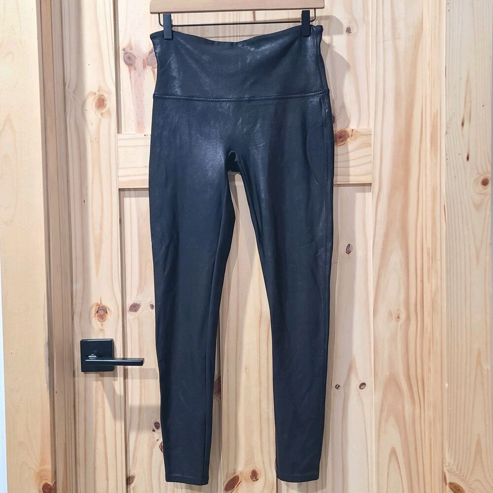 Spanx Faux Leather Black Leggings Slimming Power Waistband Pants 2437 Size XL